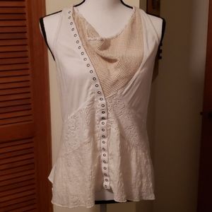 Unique, bias-front top.
